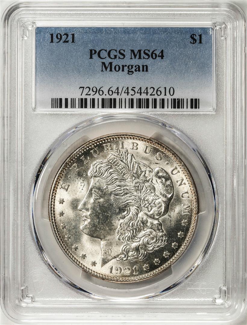 1921 $1 Morgan Silver Dollar Coin PCGS MS64: One 1921 $1 Morgan Silver Dollar Coin PCGS MS64. PCGS Graded.