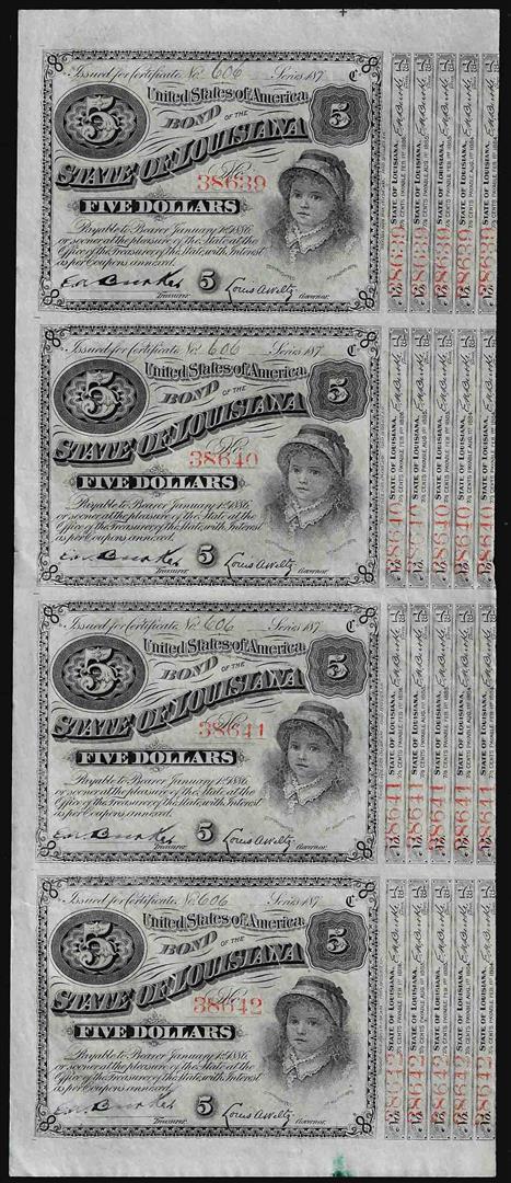 Uncut Sheet of (4) State of Louisiana Baby Bond Obsolete Notes: One Uncut Sheet of (4) State of Louisiana Baby Bond Obsolete Notes.