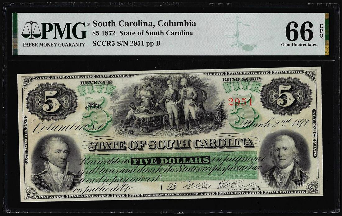 1872 $5 State of South Carolina Obsolete Note PMG Gem Uncirculated 66EPQ: One 1872 $5 State of South Carolina Obsolete Note PMG Gem Uncirculated 66EPQ. PMG Certified.