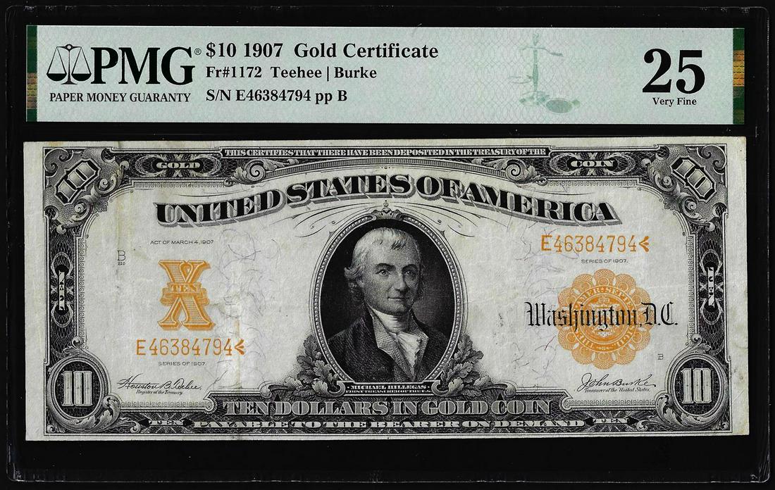 1907 $10 Gold Certificate Note Fr.1172 PMG Very Fine 25: One 1907 $10 Gold Certificate Note Fr.1172 PMG Very Fine 25. PMG Certified.