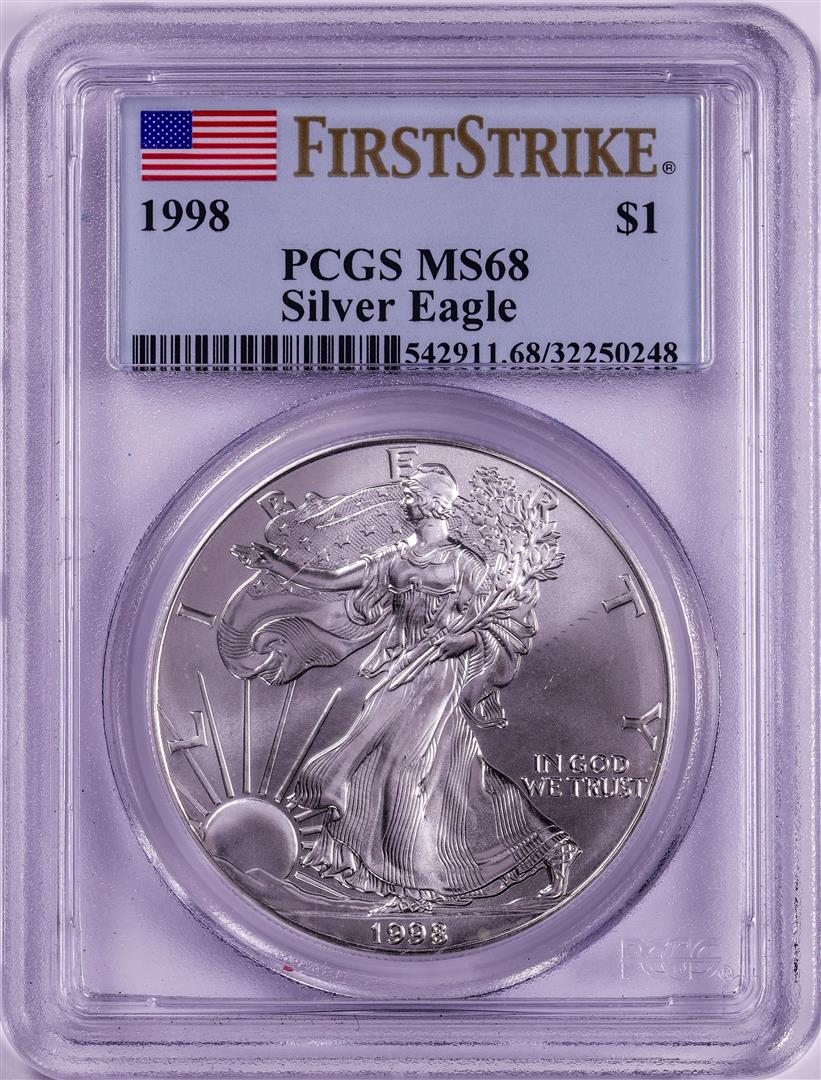 1998 $1 American Silver Eagle Coin PCGS MS68 First Strike: One 1998 $1 American Silver Eagle Coin PCGS MS68 First Strike. PCGS Graded.