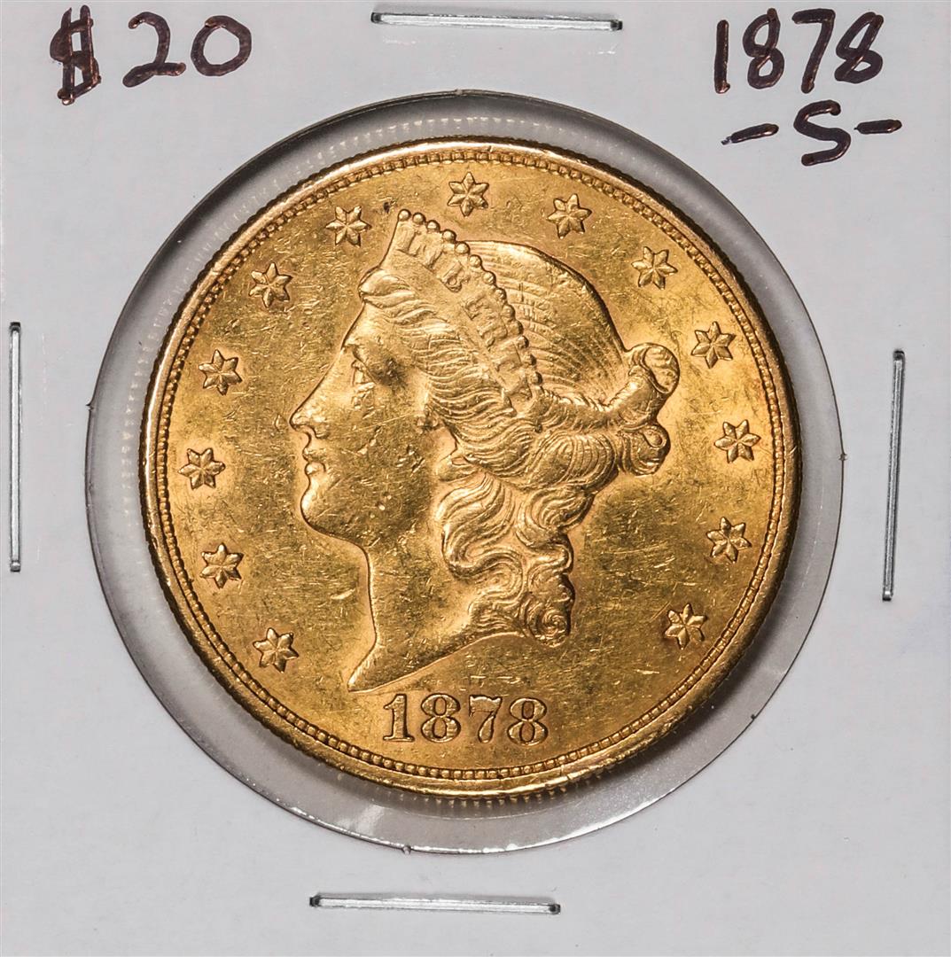 1878-S $20 Liberty Head Double Eagle Gold Coin: One 1878-S $20 Liberty Head Double Eagle Gold Coin.