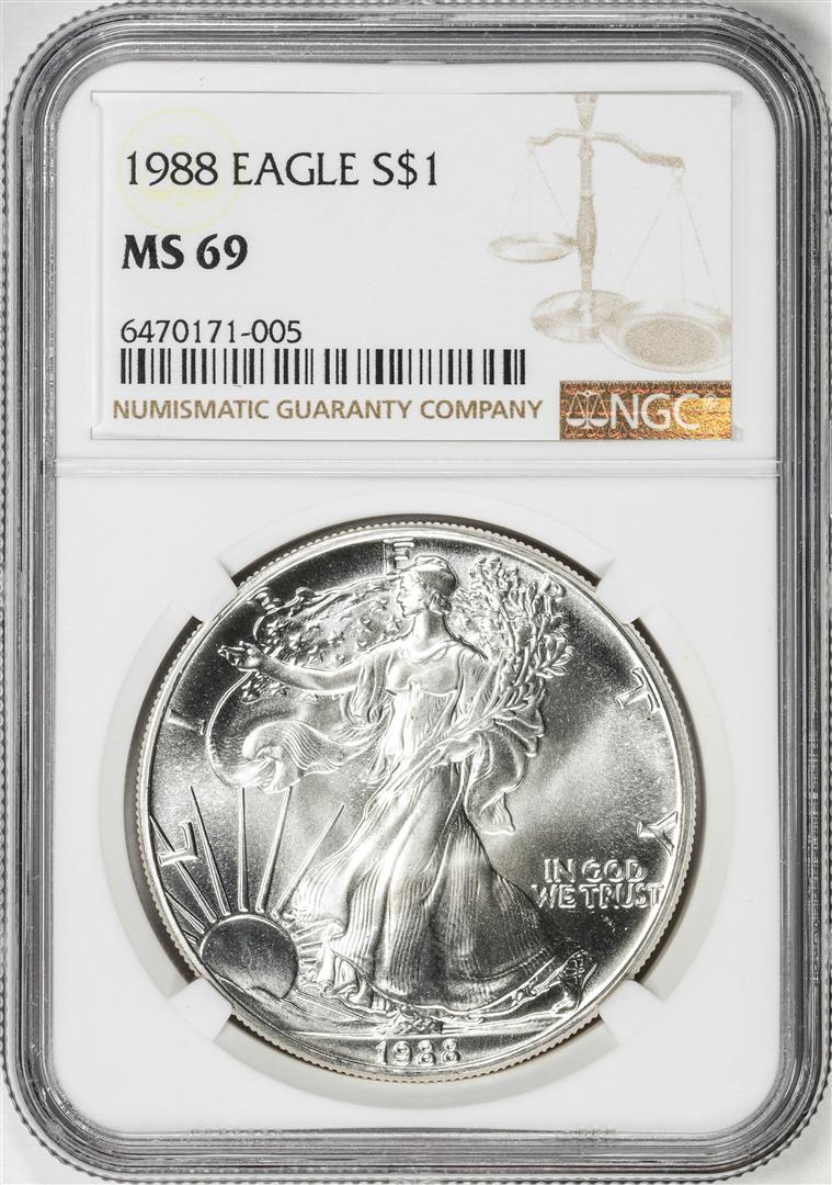 1988 $1 American Silver Eagle Coin NGC MS69: One 1988 $1 American Silver Eagle Coin NGC MS69.