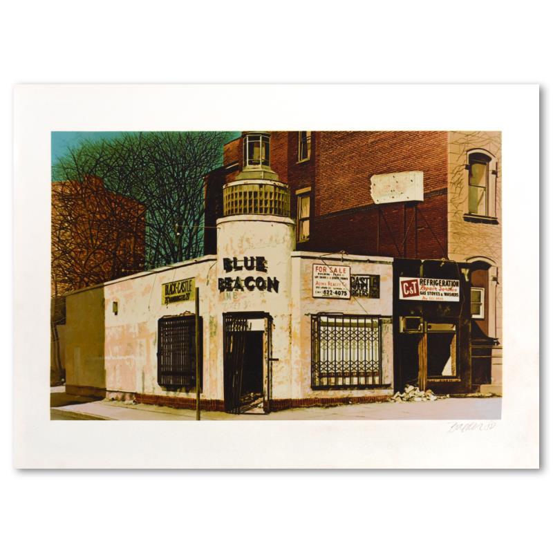 John Baeder "Blue Beacon" Limited Edition Serigraph On Paper: "Blue Beacon" is a limited edition silkscreen on somerset paper by John Baeder, numbered and hand signed by the artist. Includes Letter of Authenticity. Measures approx. 30" x 22" (border); 25.5" x 16