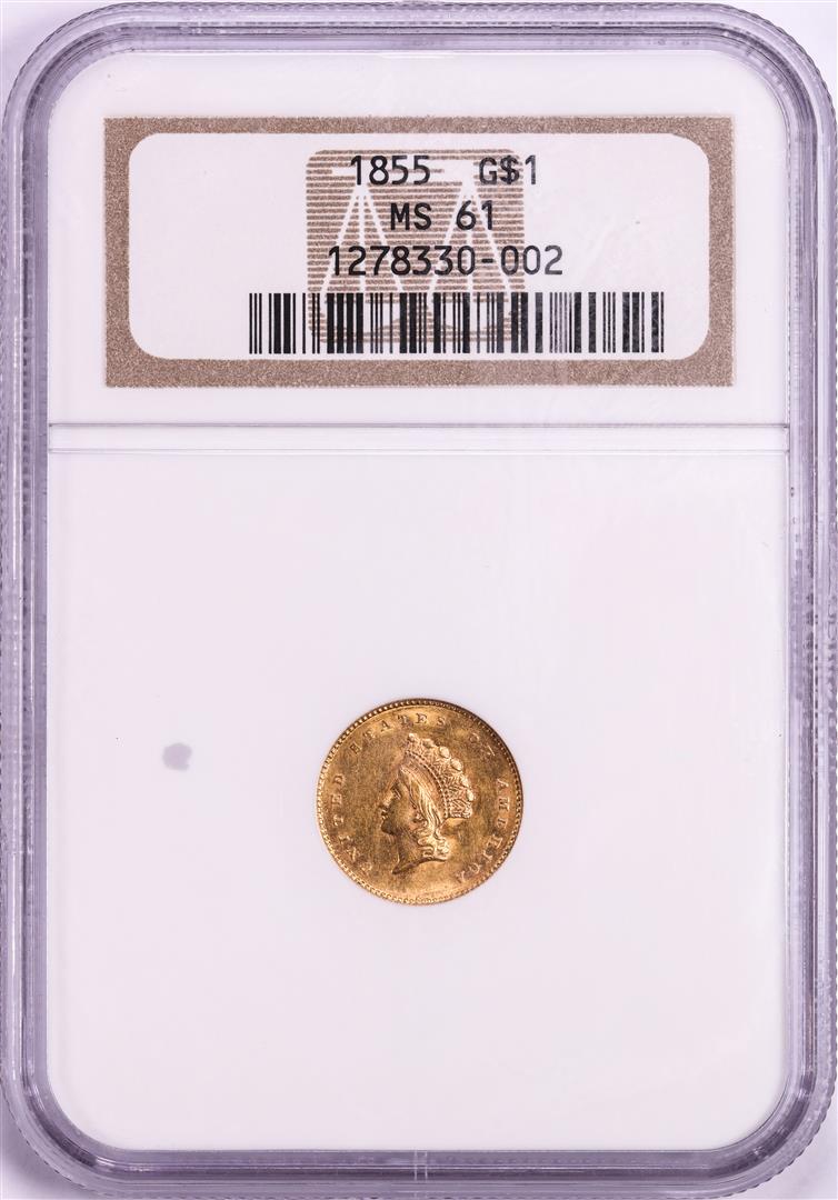 1855 Type 2 $1 Indian Princess Head Gold Dollar Coin NGC MS61: One 1855 Type 2 $1 Indian Princess Head Gold Dollar Coin NGC MS61. NGC Certified.