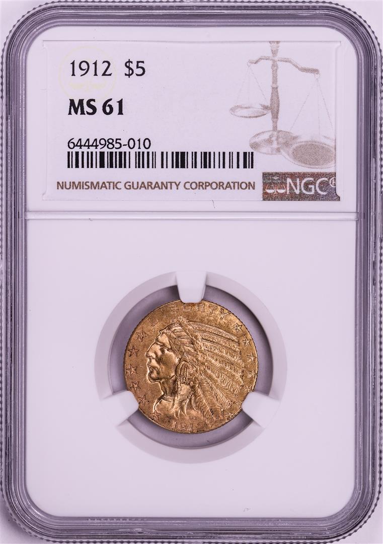 1912 $5 Indian Head Half Eagle Gold Coin NGC MS61: One 1912 $5 Indian Head Half Eagle Gold Coin NGC MS61. NGC Certified.