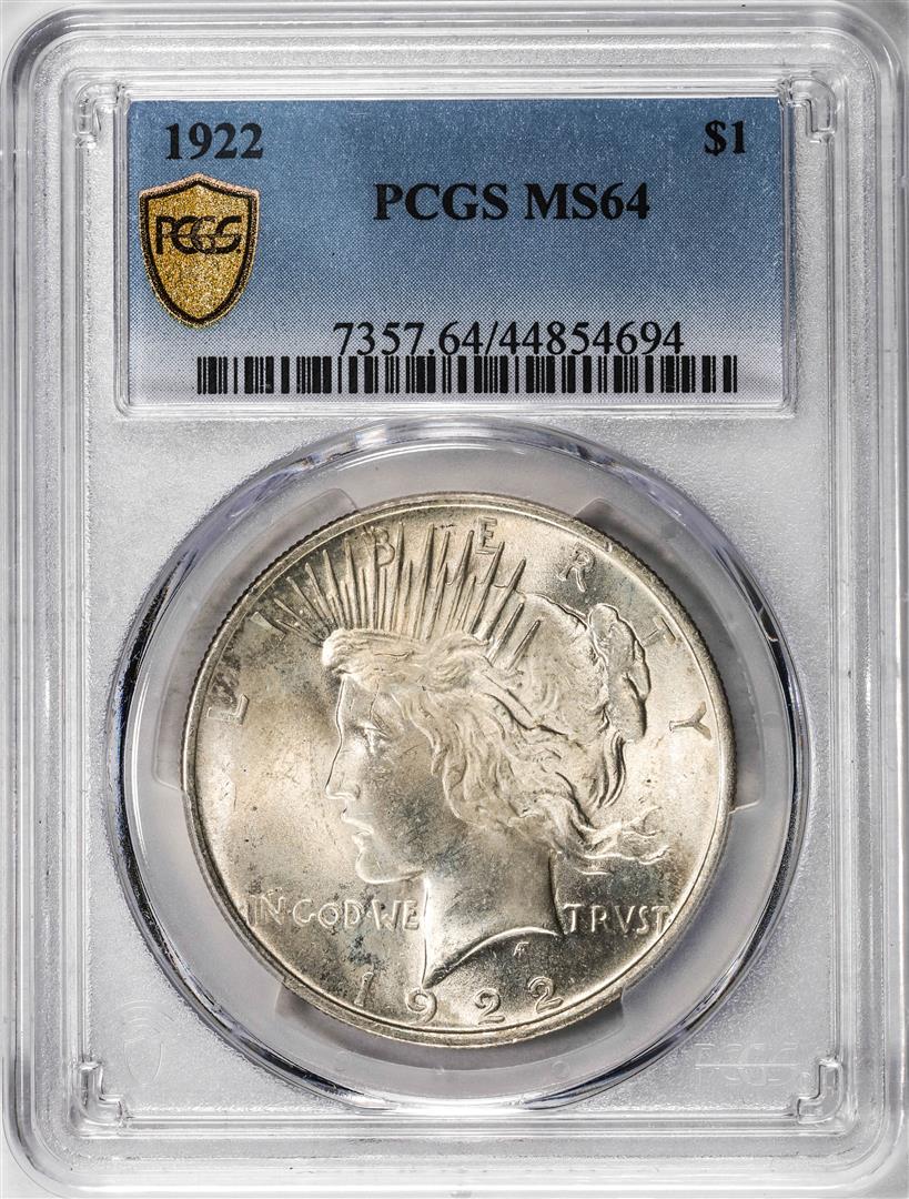 1922 $1 Peace Silver Dollar Coin PCGS MS64: One 1922 $1 Peace Silver Dollar Coin PCGS MS64. PCGS Graded.