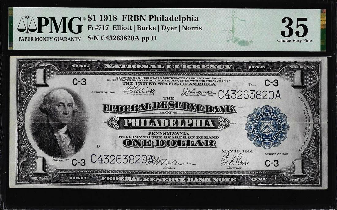 1918 $1 Federal Reserve Bank Note Philadelphia Fr.717 PMG Choice Very Fine 35: One 1918 $1 Federal Reserve Bank Note Philadelphia Fr.717 PMG Choice Very Fine 35. PMG Certified.