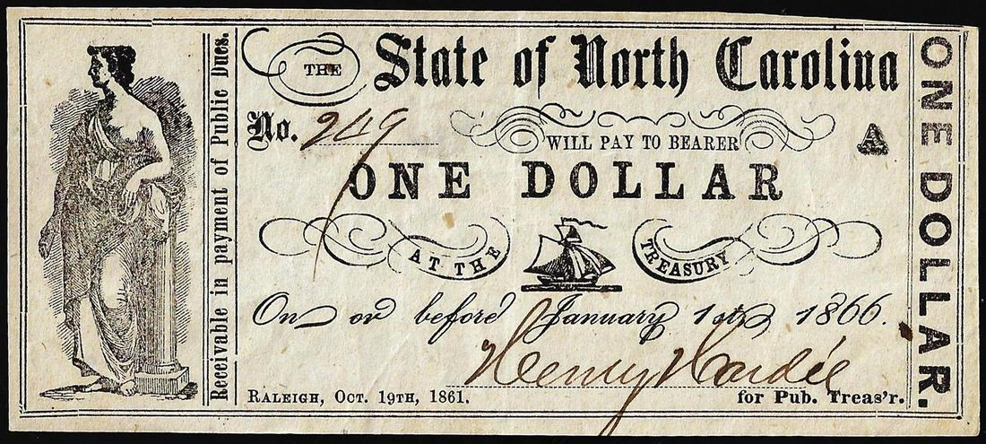 1861 $1 State of North Carolina Raleigh Obsolete Note: One 1861 $1 State of North Carolina Raliegh Obsolete Note.