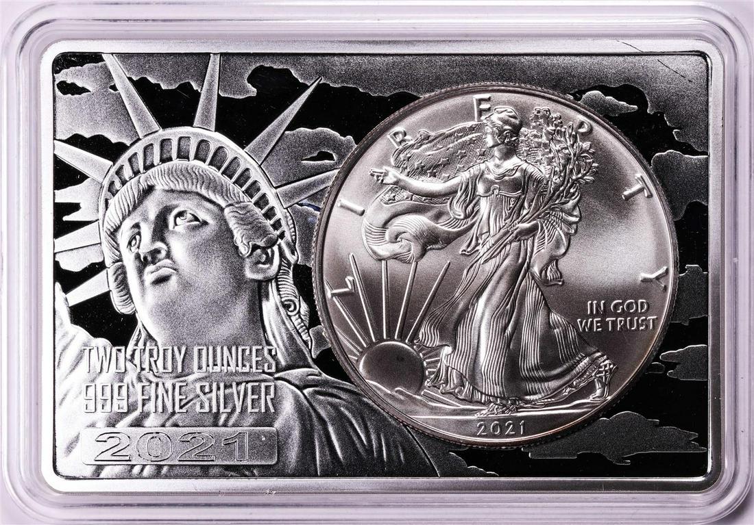 2021 Type 1 $1 American Silver Eagle Coin & 2oz Silver Bar Set: One 2021 Type 1 $1 American Silver Eagle Coin & 2oz Silver Bar Set.
