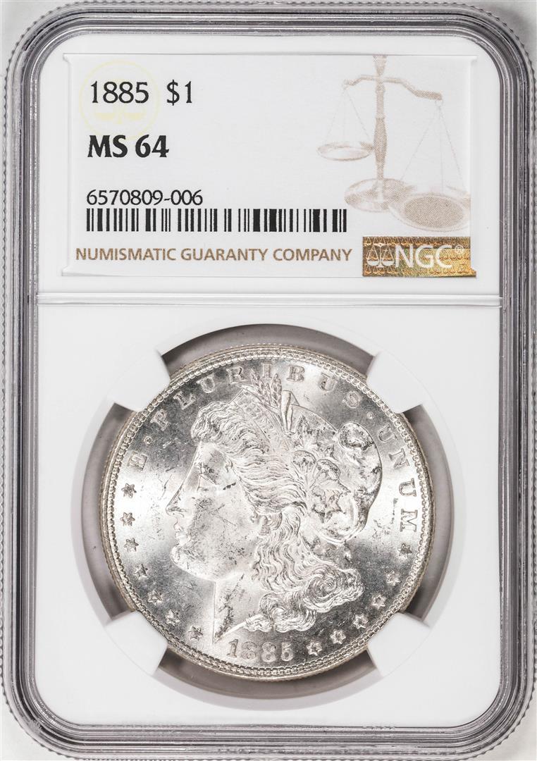 1885 $1 Morgan Silver Dollar Coin NGC MS64: One 1885 $1 Morgan Silver Dollar Coin NGC MS64. NGC Certified.