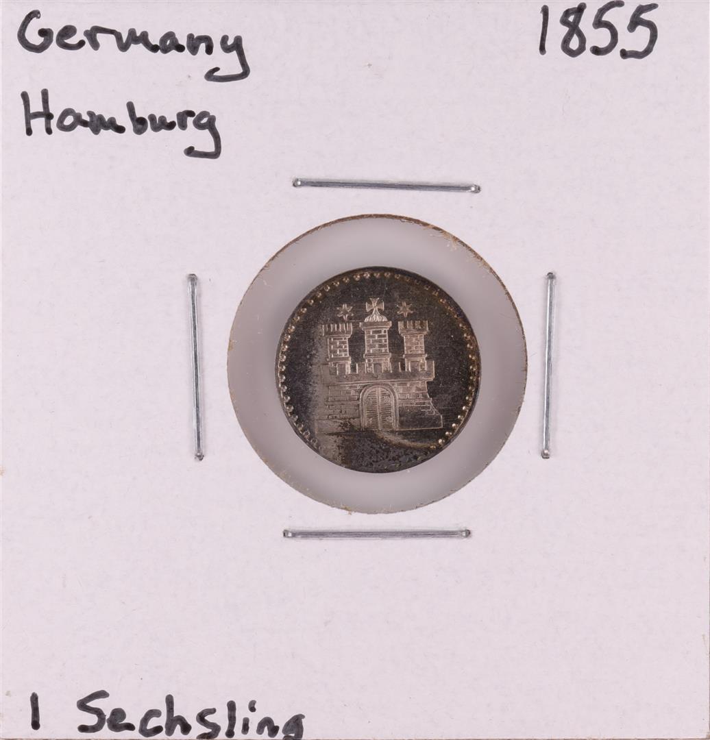 1855 Germany Hamburg 1 Sechsling Silver Coin: One 1855 Germany Hamburg 1 Sechsling Silver Coin.