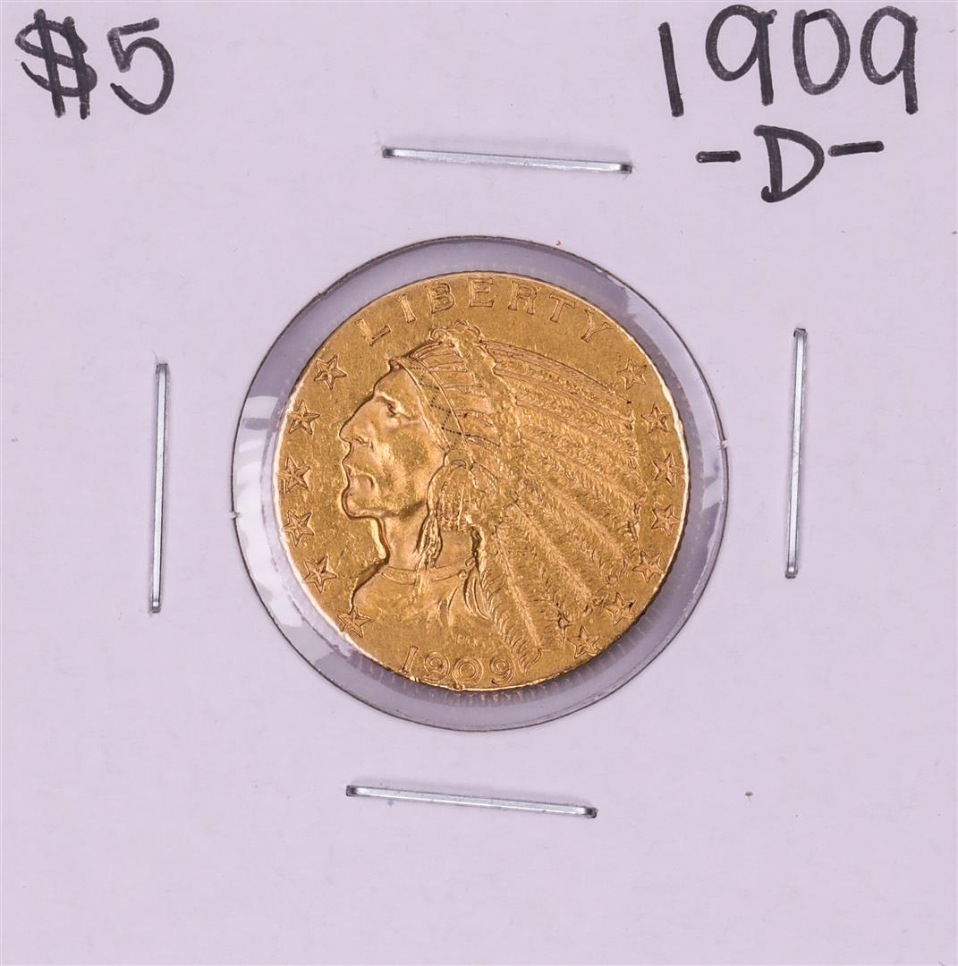 1909-D $5 Indian Head Half Eagle Gold Coin: One 1909-D $5 Indian Head Half Eagle Gold Coin.