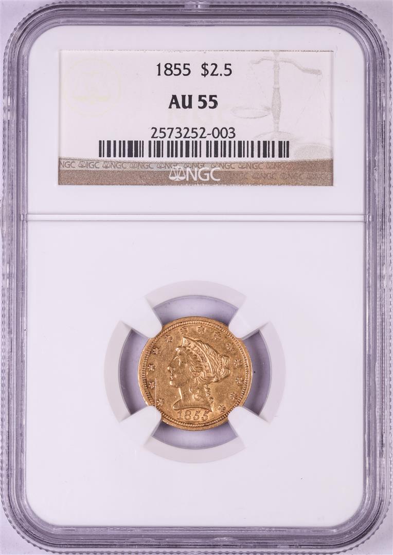 1855 $2 1/2 Liberty Head Quarter Eagle Gold Coin PCGS AU55: One 1855 $2 1/2 Liberty Head Quarter Eagle Gold Coin PCGS AU55. PCGS Graded.
