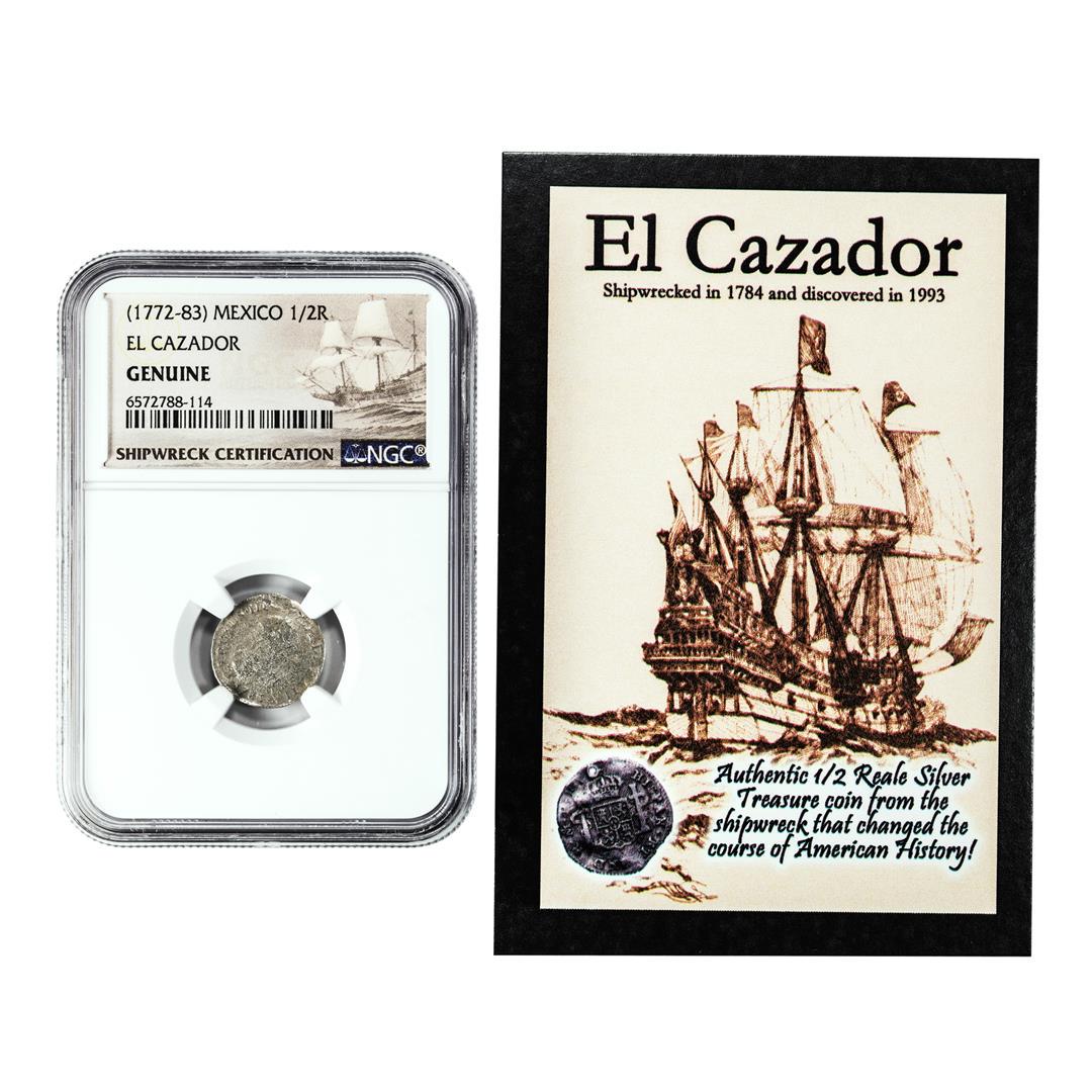 El Cazador Shipwreck (1772-83) Mexico 1/2 Real Silver Coin NGC Genuine w/ Story Card: One El Cazador Shipwreck (1772-83) Mexico 1/2 Real Silver Coin NGC Genuine w/ Story Card. NGC Certified.
