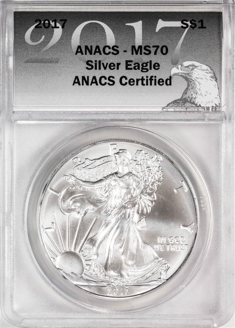 2017 $1 American Silver Eagle Coin ANACS MS70: One 2017 $1 American Silver Eagle Coin ANACS MS70. ANACS Certified.