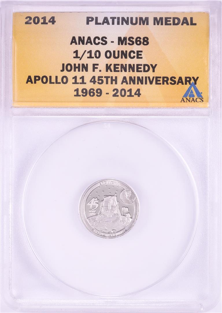 2014 Proof 1/10 oz Platinum JFK Apollo 11 Anniversary Medal ANACS MS68: One 2014 Proof 1/10 oz Platinum JFK Apollo 11 Anniversary Medal ANACS MS68. ANACS Certified.