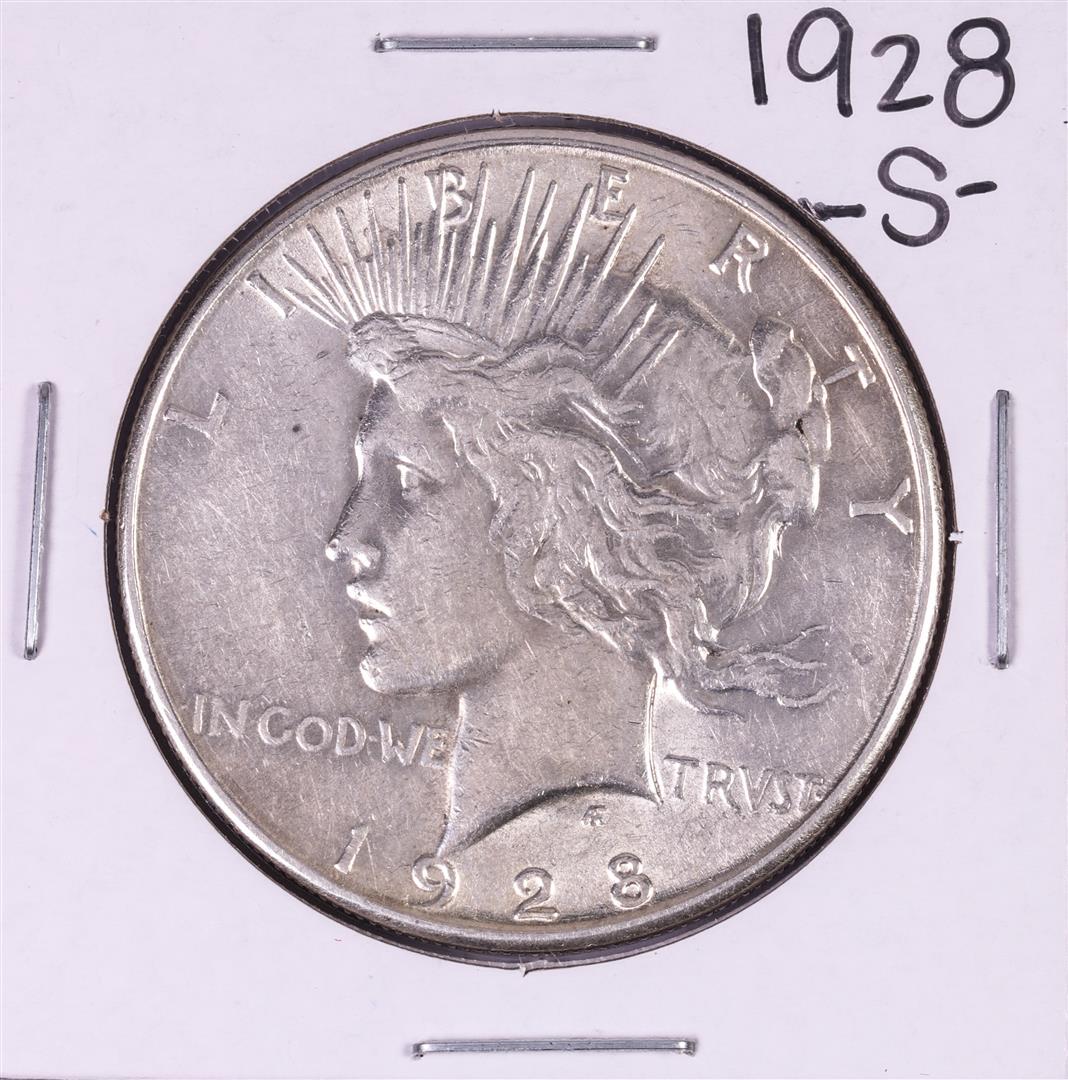 1928-S $1 Peace Silver Dollar Coin: One 1928-S $1 Peace Silver Dollar Coin.