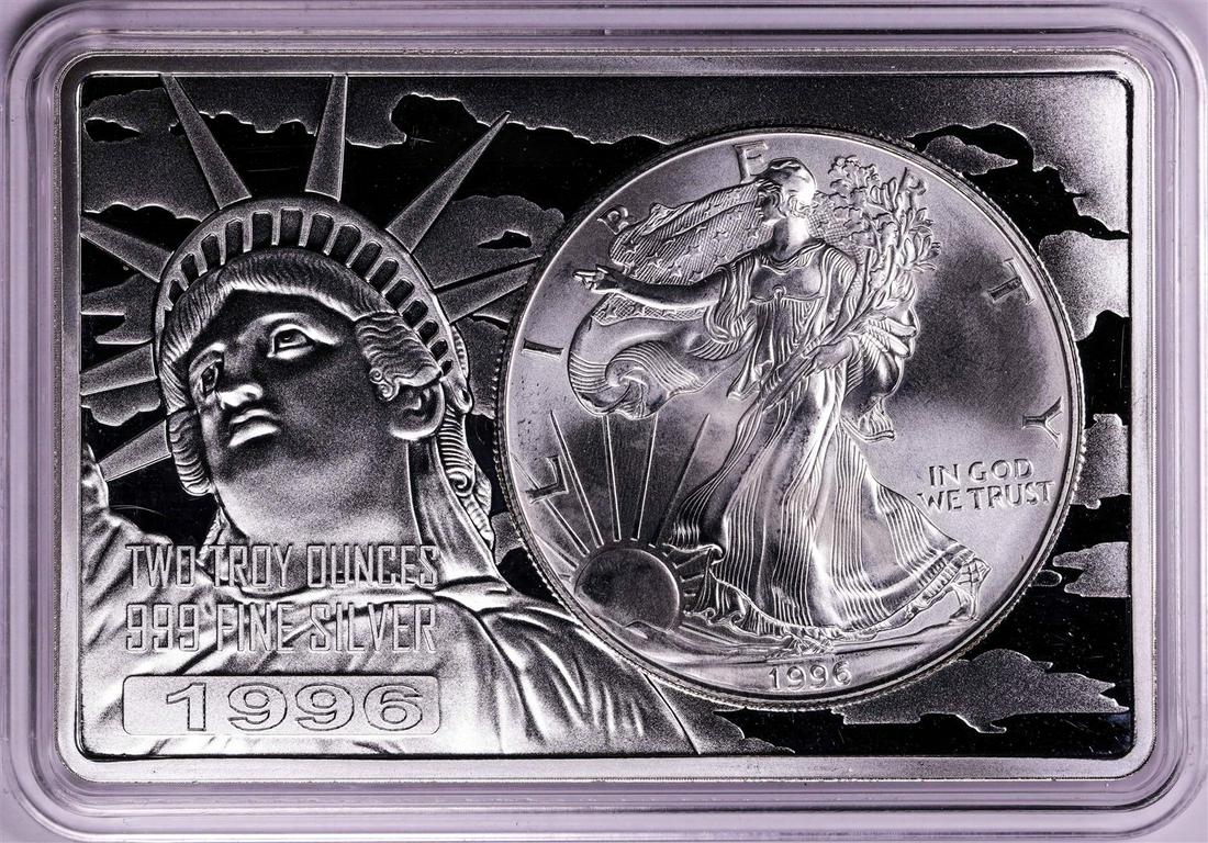 1996 $1 American Silver Eagle Coin & 2oz Silver Bar Set: One 1996 $1 American Silver Eagle Coin & 2oz Silver Bar Set.