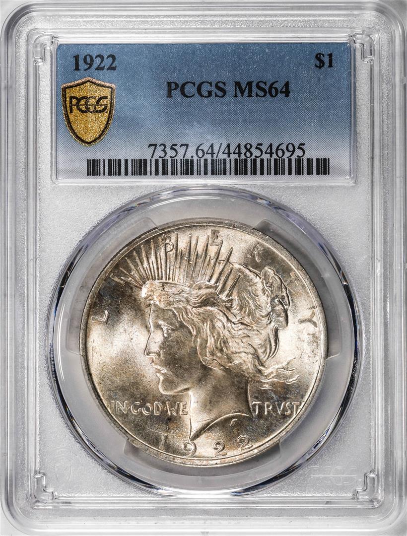1922 $1 Peace Silver Dollar Coin PCGS MS64: One 1922 $1 Peace Silver Dollar Coin PCGS MS64. PCGS Graded.