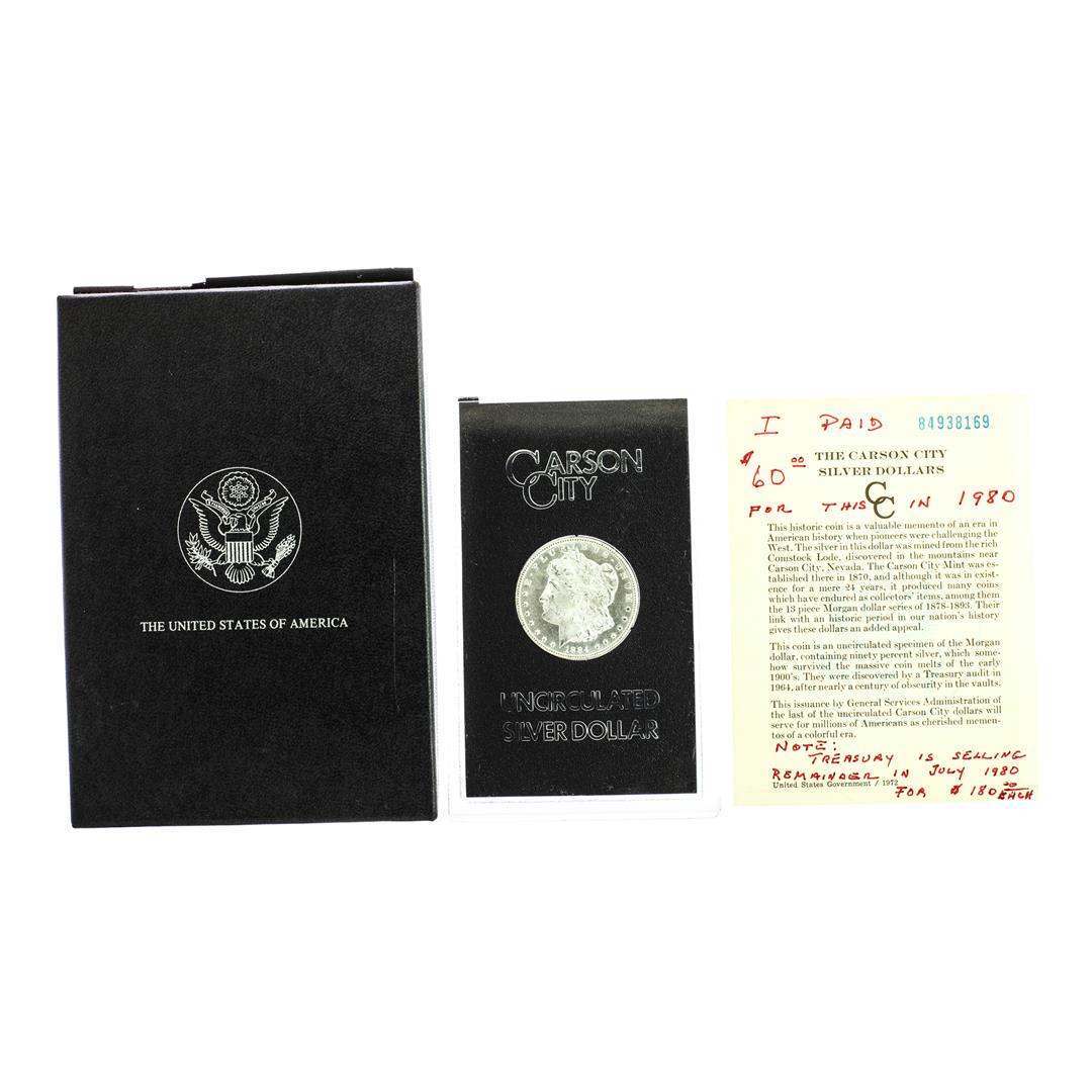 1884-CC $1 Morgan Silver Dollar Coin GSA Hoard Uncirculated w/Box & COA: One 1884-CC $1 Morgan Silver Dollar Coin GSA Hoard Uncirculated w/Box & COA.