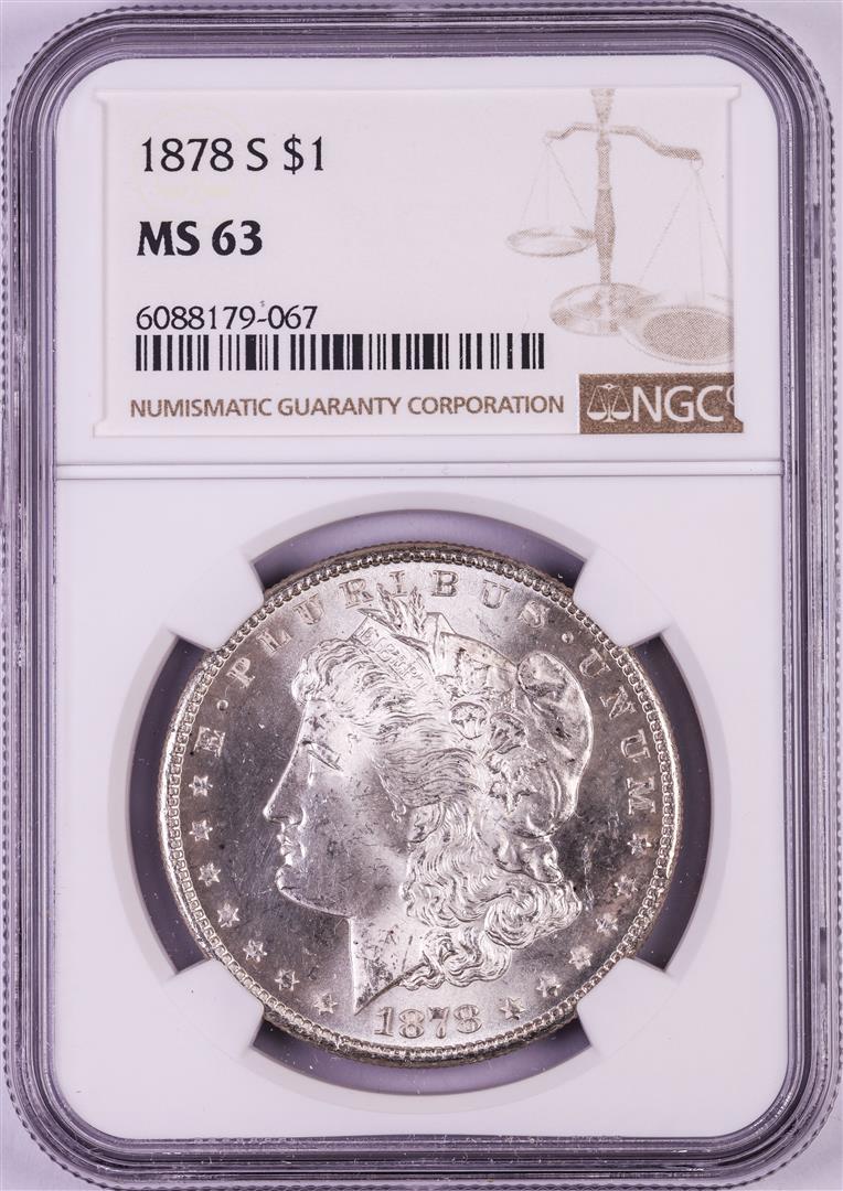 1878-S $1 Morgan Silver Dollar Coin NGC MS63: One 1878-S $1 Morgan Silver Dollar Coin NGC MS63. NGC Certified.