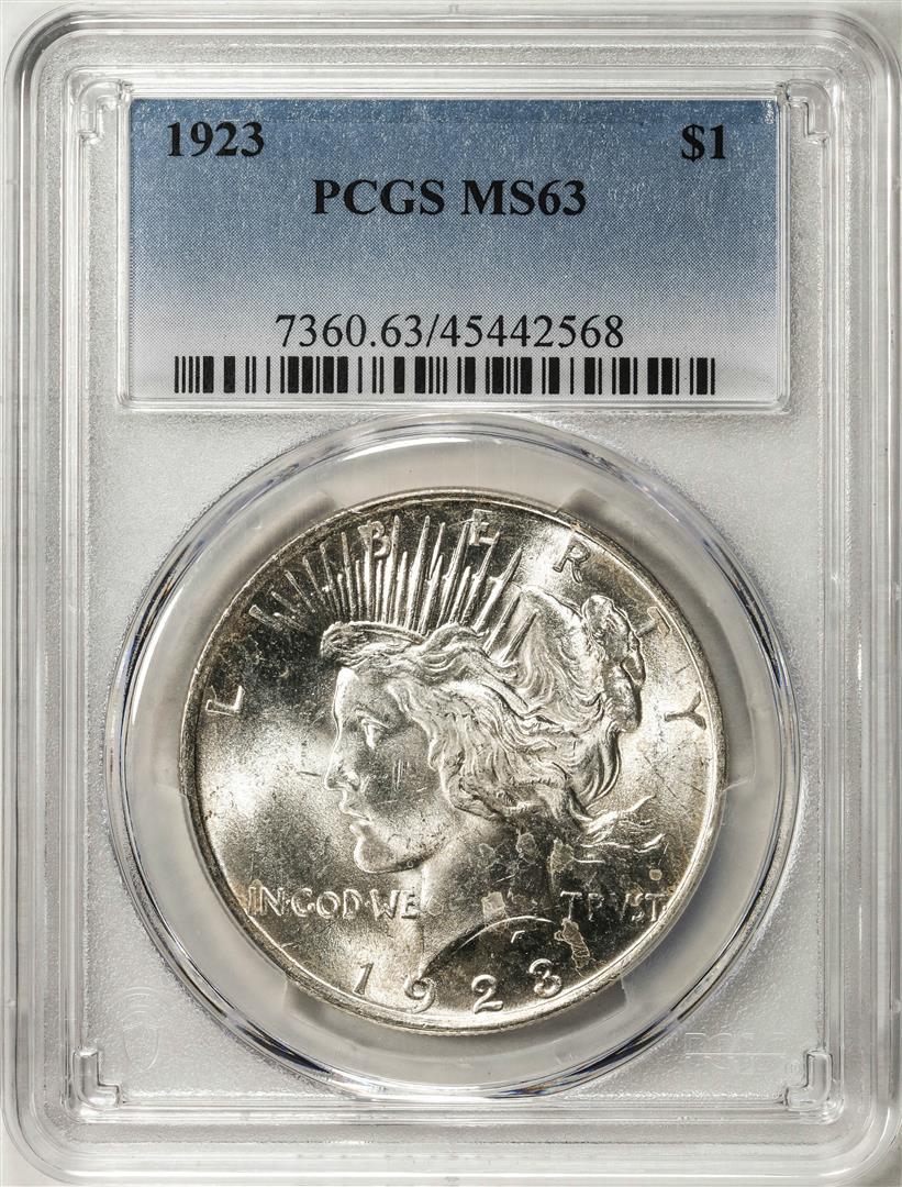 1923 $1 Peace Silver Dollar Coin PCGS MS63: One 1923 $1 Peace Silver Dollar Coin PCGS MS63. PCGS Graded.