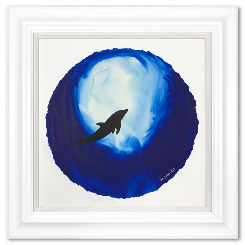 Wyland "Dolphin Flight In Blue" Original Watercolor On Paper: "Dolphin Flight in Blue" is an original painting, watercolor on deckle edge paper by Wyland. Hand signed by the artist, the piece comes custom framed and with a letter of authenticity. Measures approx