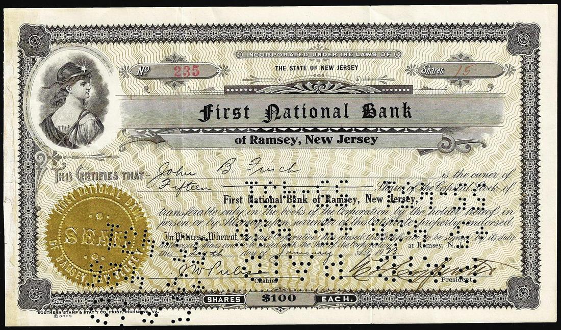 1926 First National Bank of Ramsey, New Jersey Stock Certificate: One 1926 First National Bank of Ramsey, New Jersey Stock Certificate.