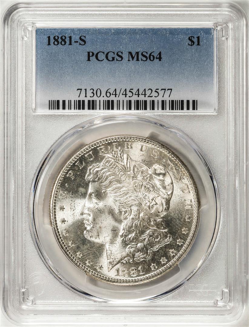 1881-S $1 Morgan Silver Dollar Coin PCGS MS64: One 1881-S $1 Morgan Silver Dollar Coin PCGS MS64. PCGS Graded.