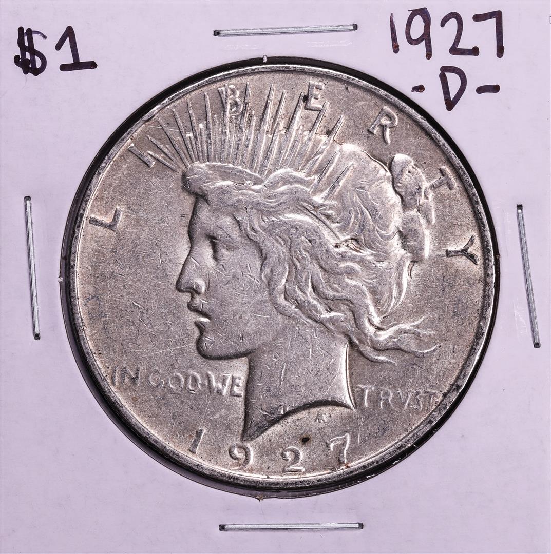1927-D $1 Peace Silver Dollar Coin: One 1927-D $1 Peace Silver Dollar Coin.