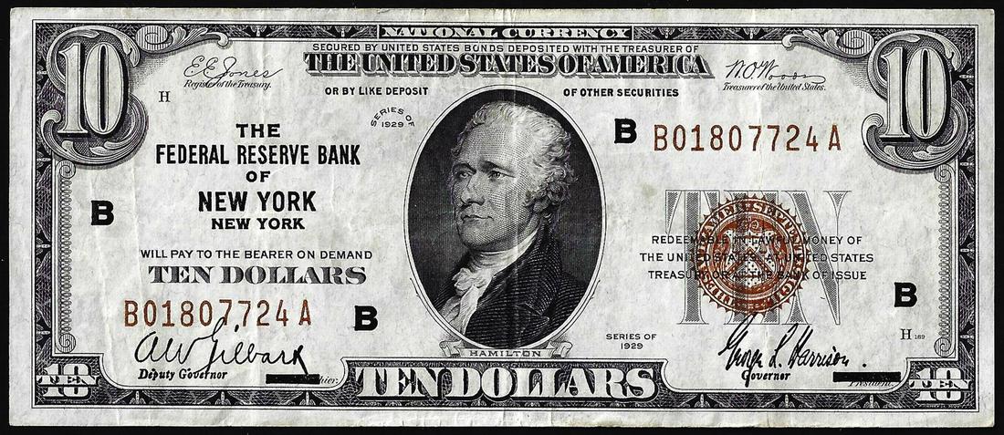 1929 $10 Federal Reserve Bank Note New York: One 1929 $10 Federal Reserve Bank Note New York.