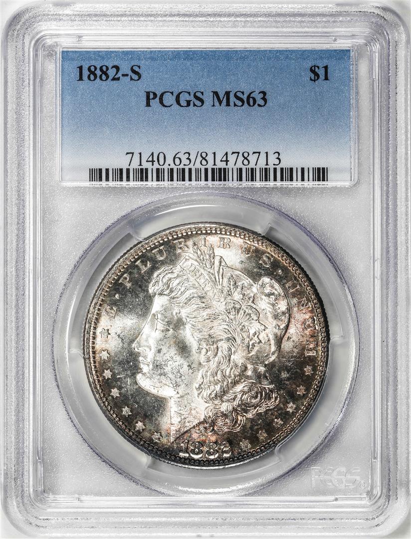 1882-S $1 Morgan Silver Dollar Coin PCGS MS63: One 1882-S $1 Morgan Silver Dollar Coin PCGS MS63. PCGS Graded.