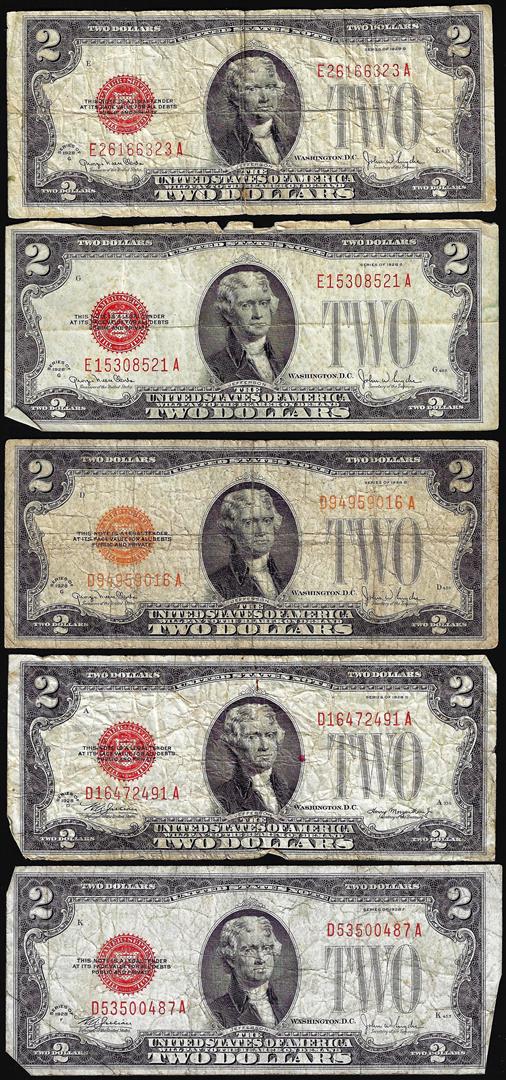Lot of (5) 1928D/1928G/1928F $2 Legal Tender Notes: One Lot of (5) 1928D/1928G/1928F $2 Legal Tender Notes.