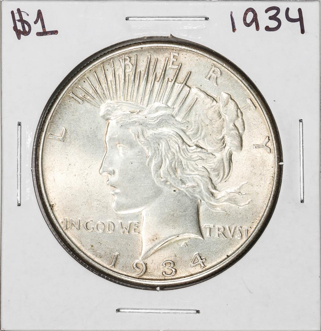 1934 $1 Peace Silver Dollar Coin: One 1934 $1 Peace Silver Dollar Coin.