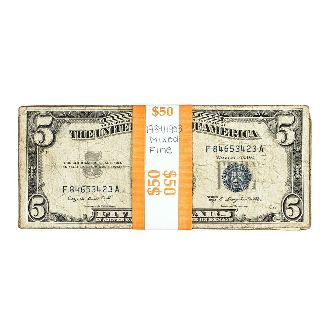 Lot of (10) Mixed Series 1934/1953 $5 Silver Certificate Notes - Very Fine: One Lot of (10) Mixed Series 1934/1953 $5 Silver Certificate Notes - Very Fine.