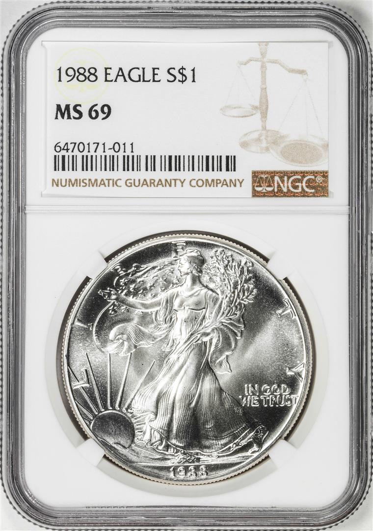 1988 $1 American Silver Eagle Coin NGC MS69: One 1988 $1 American Silver Eagle Coin NGC MS69.