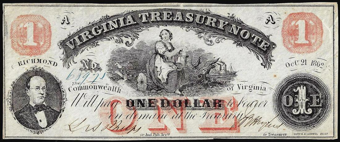 1862 $1 Virginia Treasury Obsolete Note: One 1862 $1 Virginia Treasury Obsolete Note.