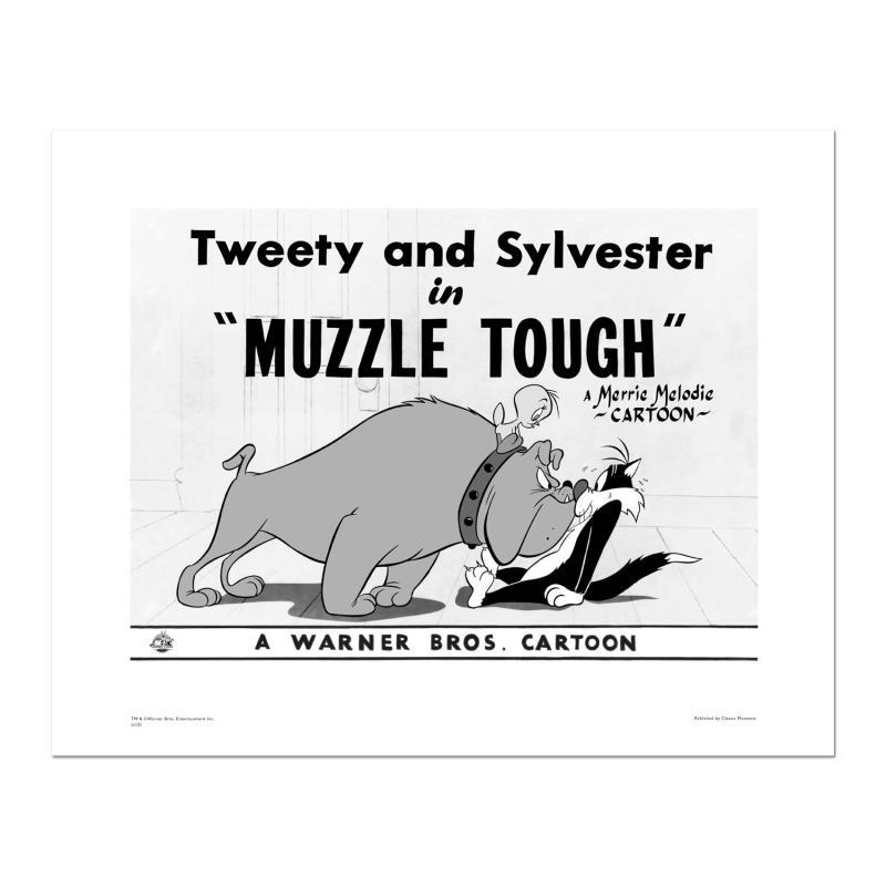 Looney Tunes "Muzzle Tough" Limited Edition Giclee On Paper: "Muzzle Tough" is a limited edition giclee on paper from Warner Bros. featuring iconic Looney Tunes characters. The art was taken from an original Lobby Card used to promote "Muzzle Tough" directed by