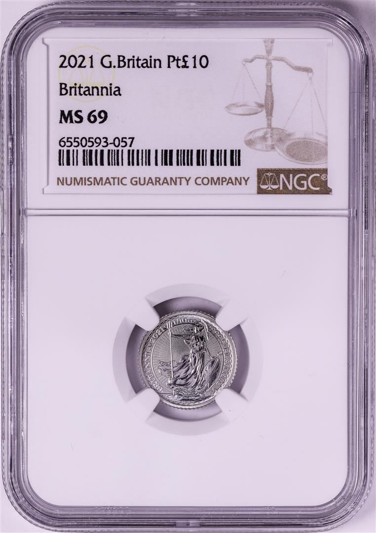 2021 Great Britain 10 Pounds Britannia 1/10oz Platinum Coin NGC MS69: One 2021 Great Britain 10 Pounds Britannia 1/10oz Platinum Coin NGC MS69. NGC Certified.