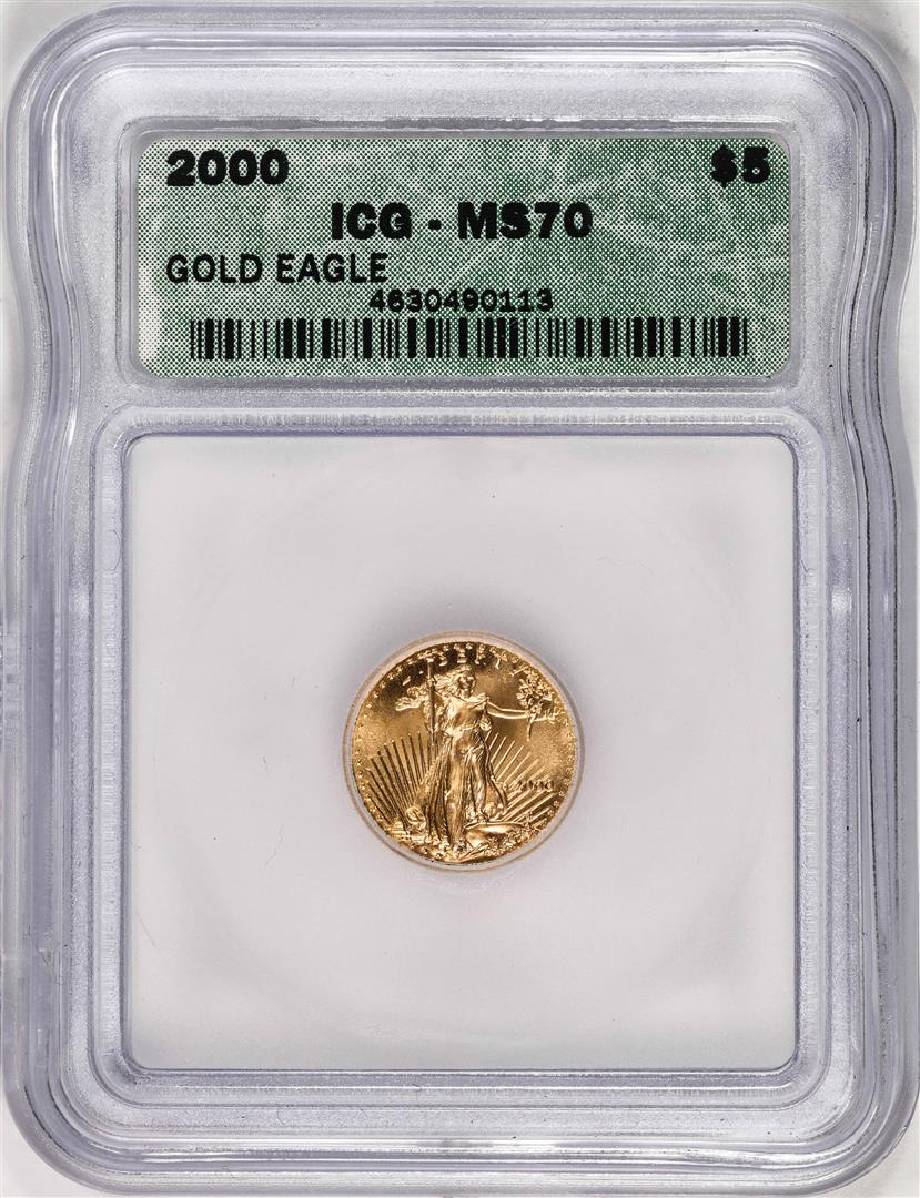 2000 $5 American Gold Eagle Coin ICG MS70: One 2000 $5 American Gold Eagle Coin ICG MS70. ICG Certified.