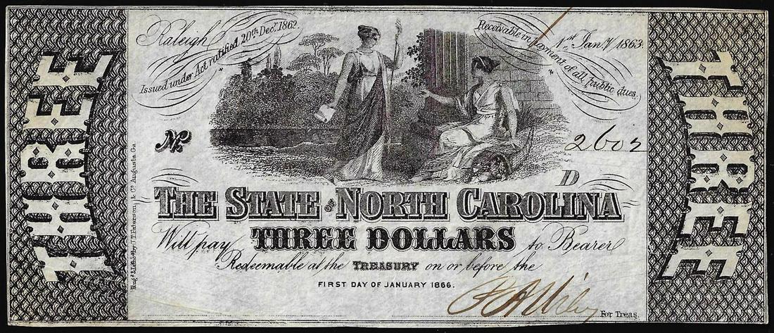 1863 $3 State of North Carolina Raleigh Obsolete Note: One 1863 $3 State of North Carolina Raliegh Obsolete Note.