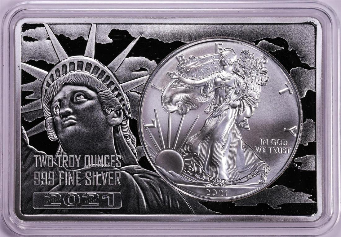 2021 Type 1 $1 American Silver Eagle Coin & 2oz Silver Bar Set: One 2021 Type 1 $1 American Silver Eagle Coin & 2oz Silver Bar Set.