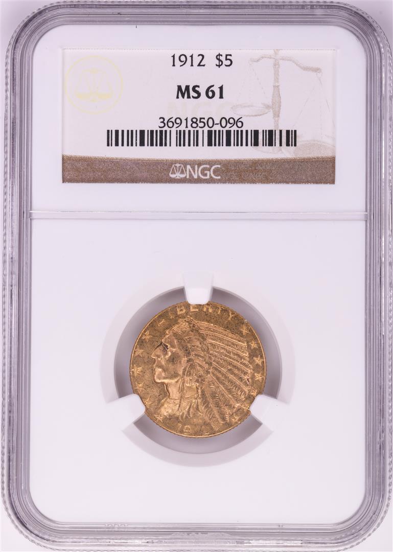 1912 $5 Indian Head Half Eagle Gold Coin NGC MS61: One 1912 $5 Indian Head Half Eagle Gold Coin NGC MS61. NGC Certified.