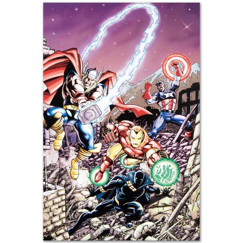 Marvel Comics "Avengers #21" Limited Edition Giclee On Canvas: A piece of comic book history, this limited edition, from original art by George Perez, depicts the mighty Avengers. Puerto Rican artist George Perez gained renown within the industry by illustrating 