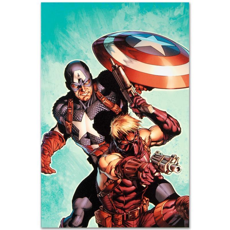 Marvel Comics "Ultimate Avengers #2" Limited Edition Giclee On Canvas: A piece of comic book history, this limited edition, from original art by Carlos Pacheco, depicts Captain America, and Hawkeye. Pacheco first got attention in the United States for his work as pencill