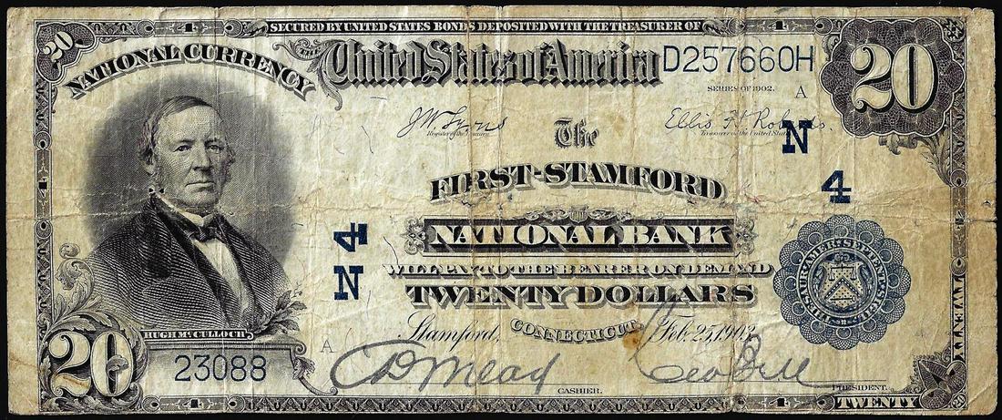 1902PB $20 The First-Stamford NB Stamford, Connecticut CH# 23088 National Currency Note: One 1902PB $20 The First-Stamford NB Stamford, Connecticut CH# 23088 National Currency Note.