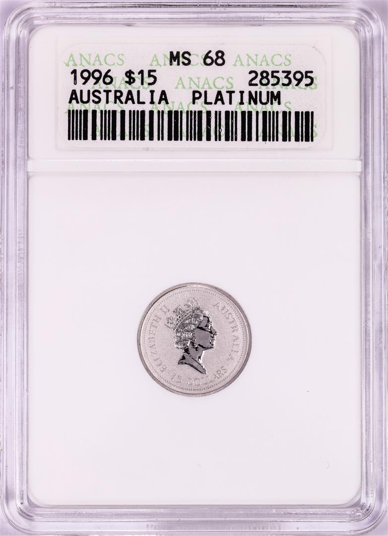 1996 $15 Australia Koala 1/10 oz Platinum Coin ANACS MS68: One 1996 $15 Australia Koala 1/10 oz Platinum Coin ANACS MS68. ANACS Certified.