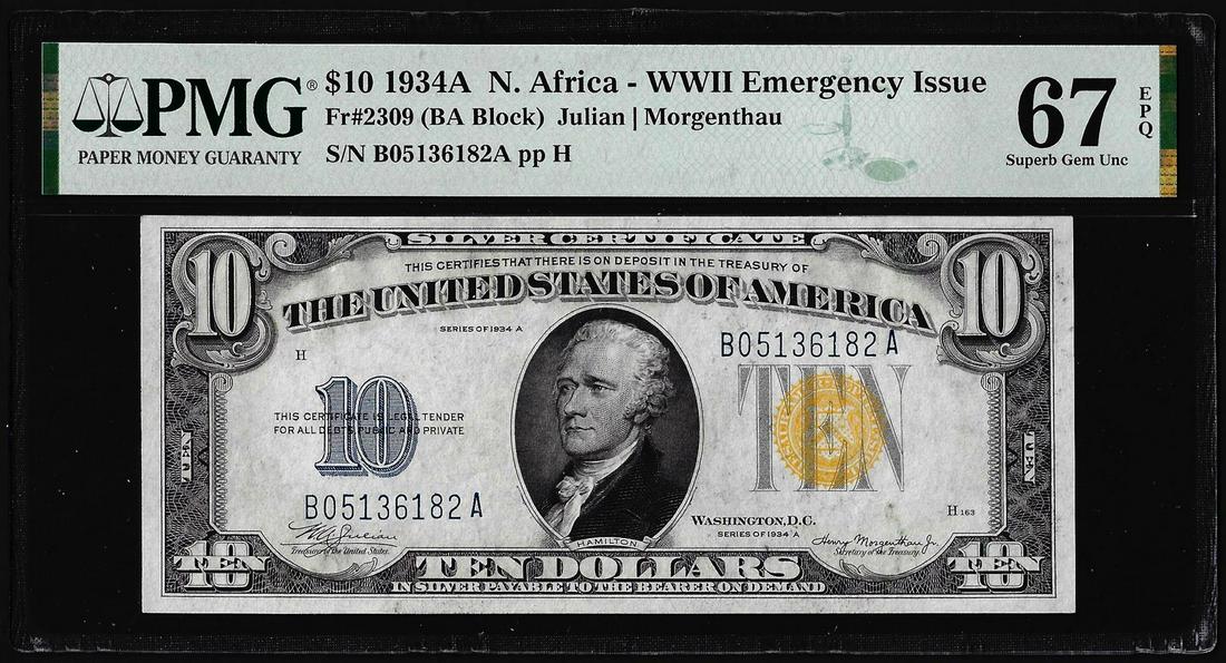1934A $10 North Africa WWII Silver Certificate Note PMG Superb Gem Uncirculated 67EPQ: One 1934A $10 North Africa WWII Silver Certificate Note Fr.2309 PMG Superb Gem Uncirculated 67EPQ. PMG Certified.
