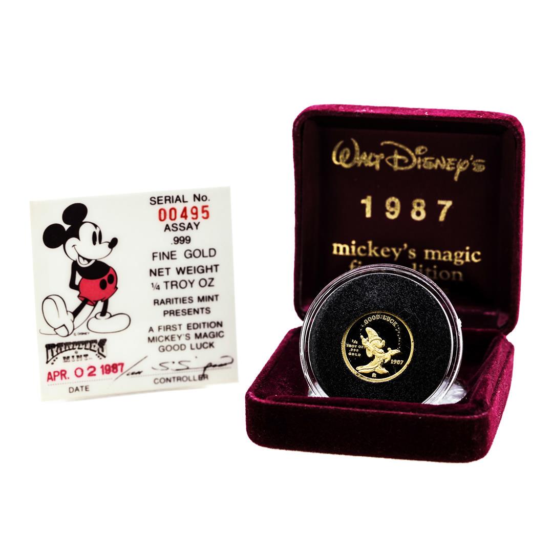 Rarities Mint 1987 Disney Mickey's Magic 1/4oz Gold Coin with Box and COA: One Rarities Mint 1987 Disney Mickey's Magic 1/4oz Gold Coin with Box and COA.